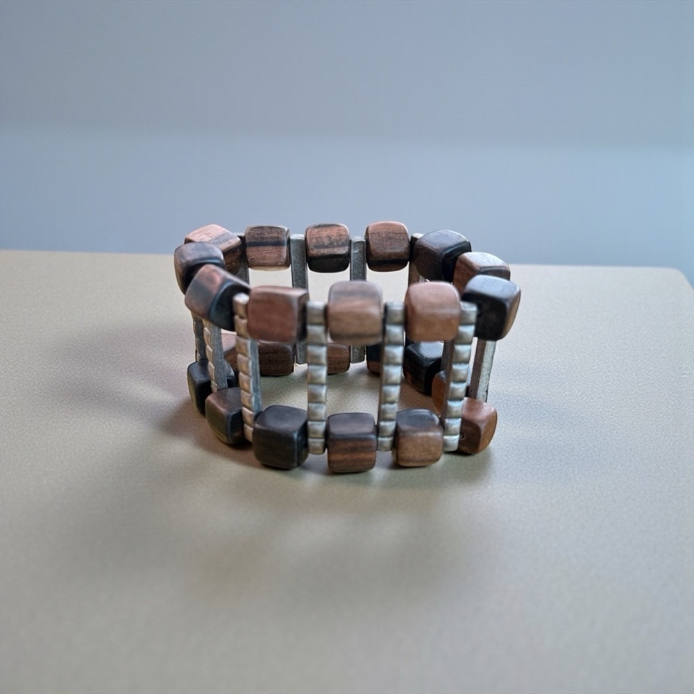 Wide stretchy Bracelet Cubed wood beads and silver tone trim
